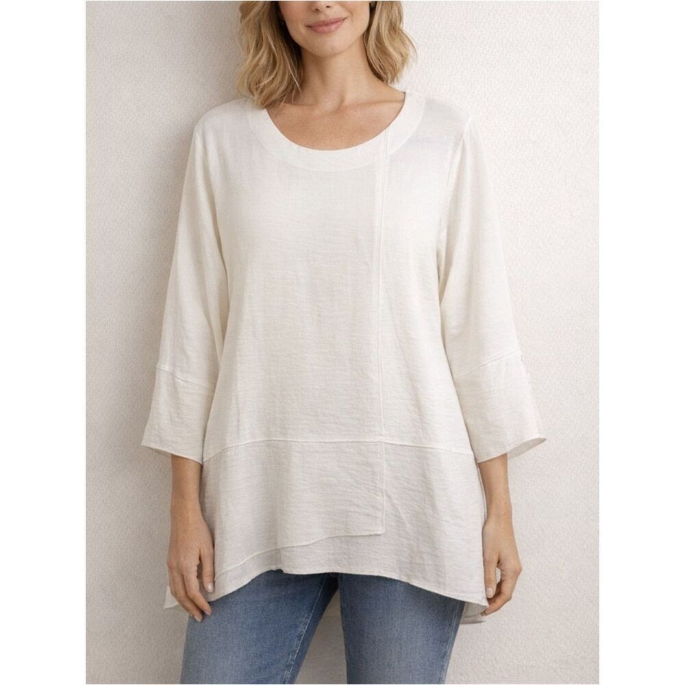 Shana White Asymmetrical Hem Top XL 3/4 Sleeve Lightweight Swing Blouse Soft